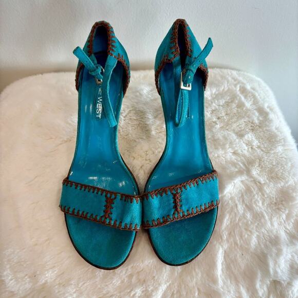 Nine West Strappy Block Heel Pumps Blue Suede Brown Stitching Size 8.5 M - Picture 2 of 7